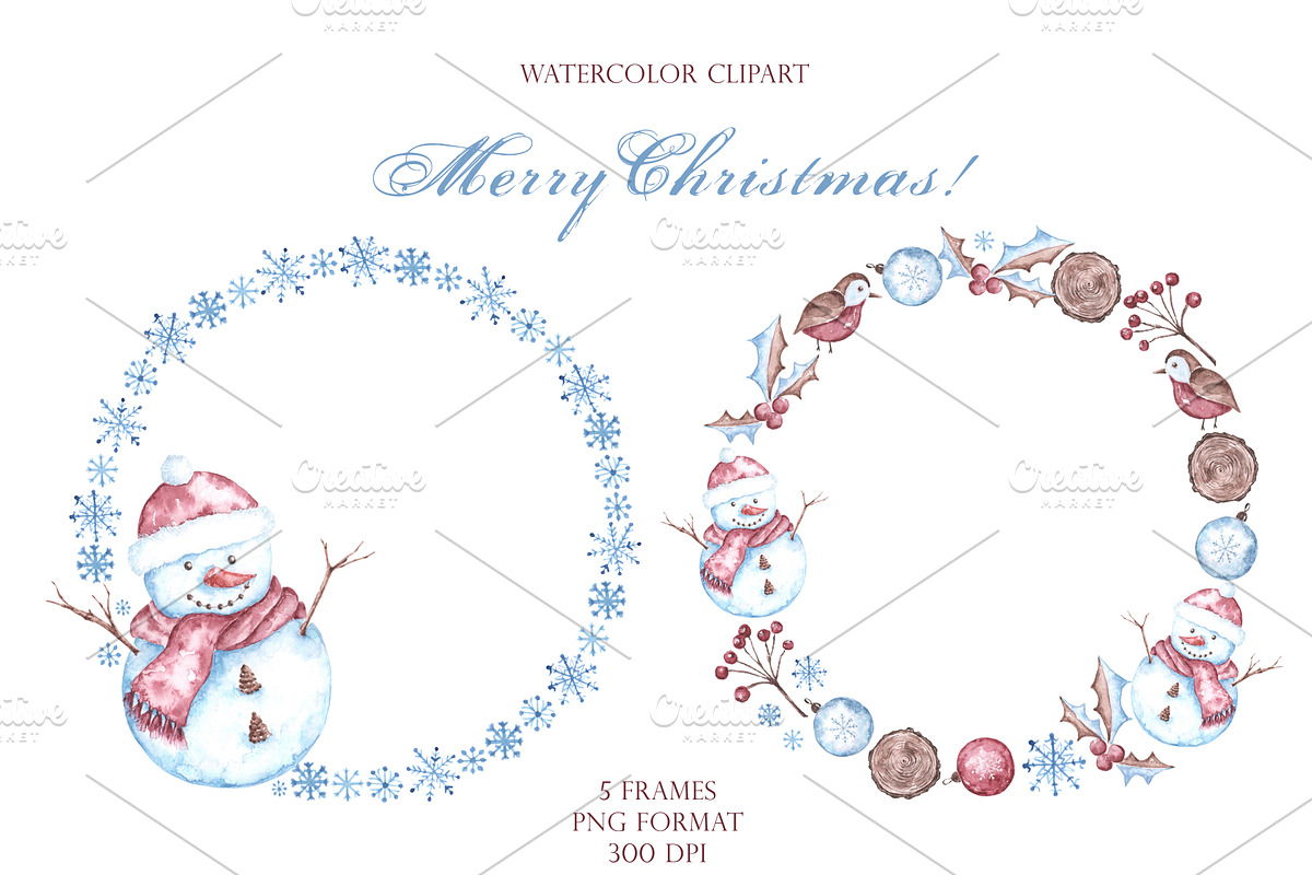 Christmas snowman watercolor clipart, a Seasonal Illustration by SabinaWatercolorArt (Photo 10 of 17)