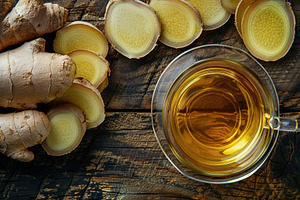 Glass cup of ginger tea with sliced ginger root on wooden table, a Food & Drink Photo by AlyaAnd