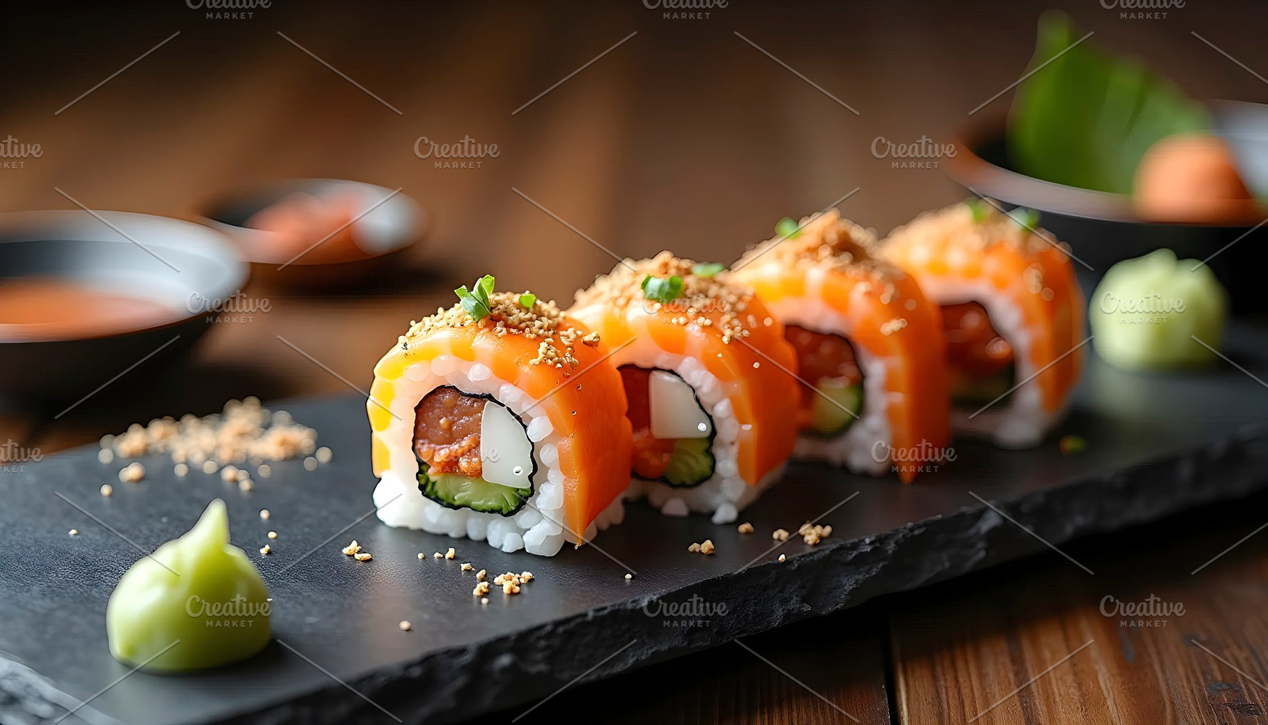 Fresh sushi rolls on black stone pla, a Photo by LOGOCREATIVE