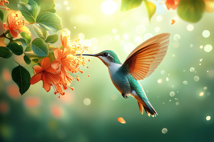 Hummingbird feeding on nectar, its w, an Animal Photo by Pixeness