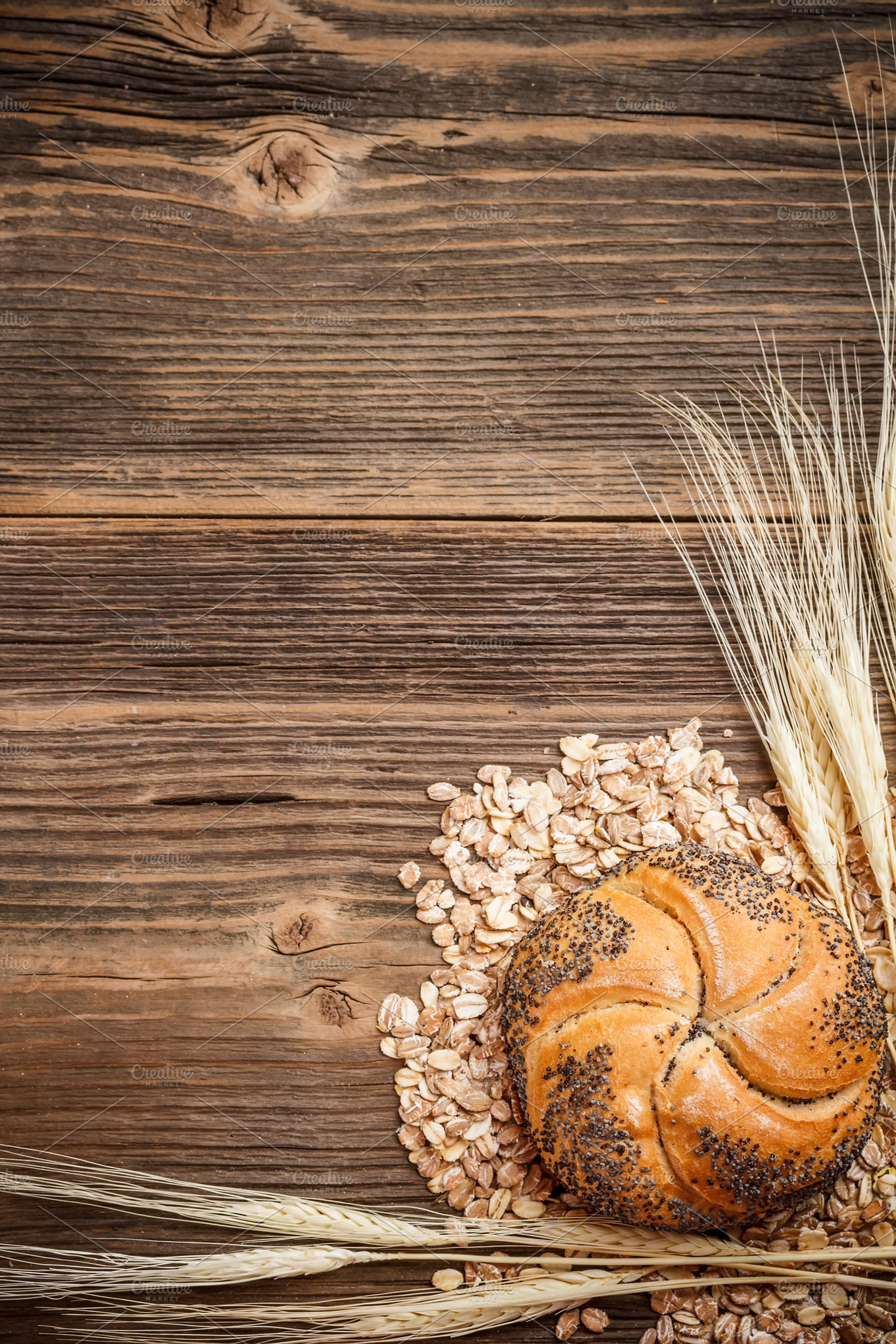 Bread roll and weath stock photo containing background and bakery