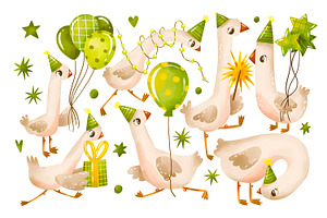 Green Birthday Goose Clipart Set, an Animal Illustration by the_myro