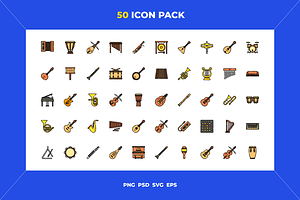50 Music instruments icons, a Solid Icon by Wencory