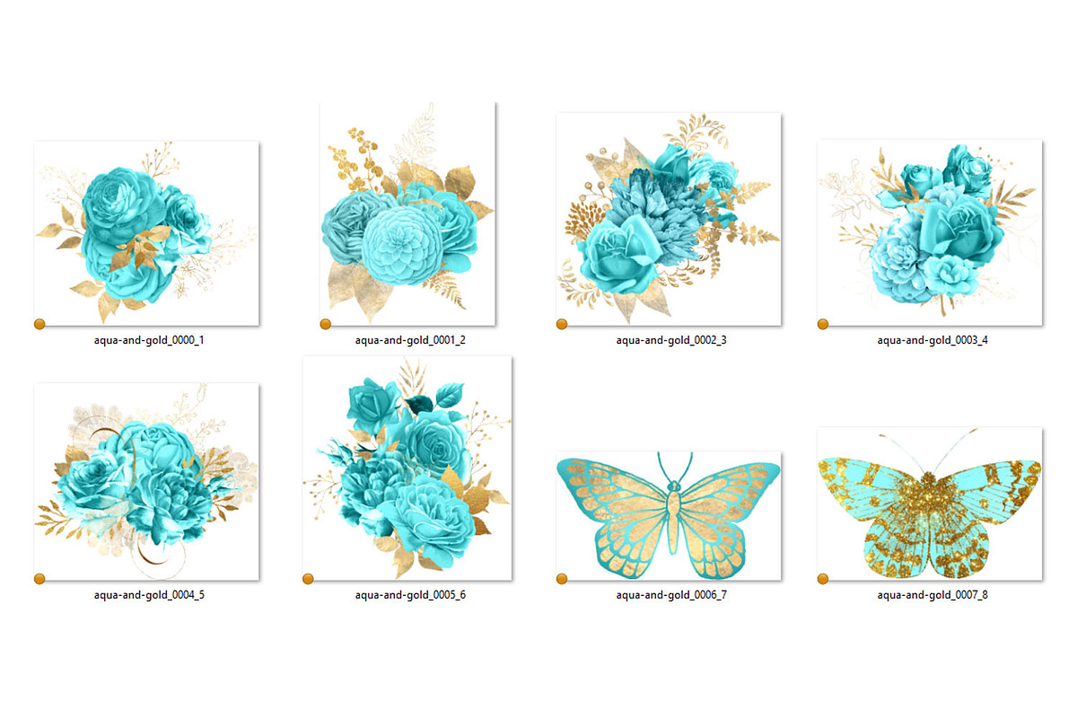 Aqua and Gold Floral Clipart, an Illustration by Digital Curio