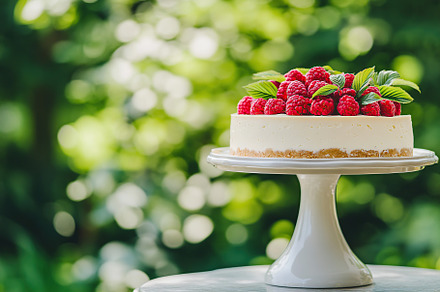 Delicious cake with frosting cream and ripe raspberries, a Food & Drink Photo by AlyaAnd