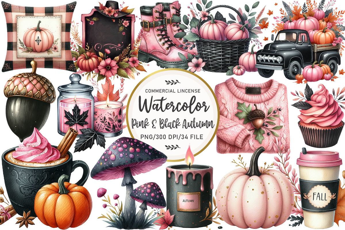 Pink and Black Autumn Clipart, an Illustration by OK Design (Photo 1 of 5)