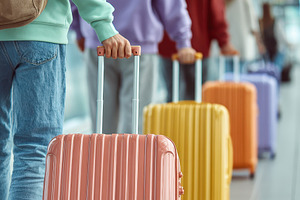 Travelers with colorful suitcases wa, a Photo by Pixeness Studio