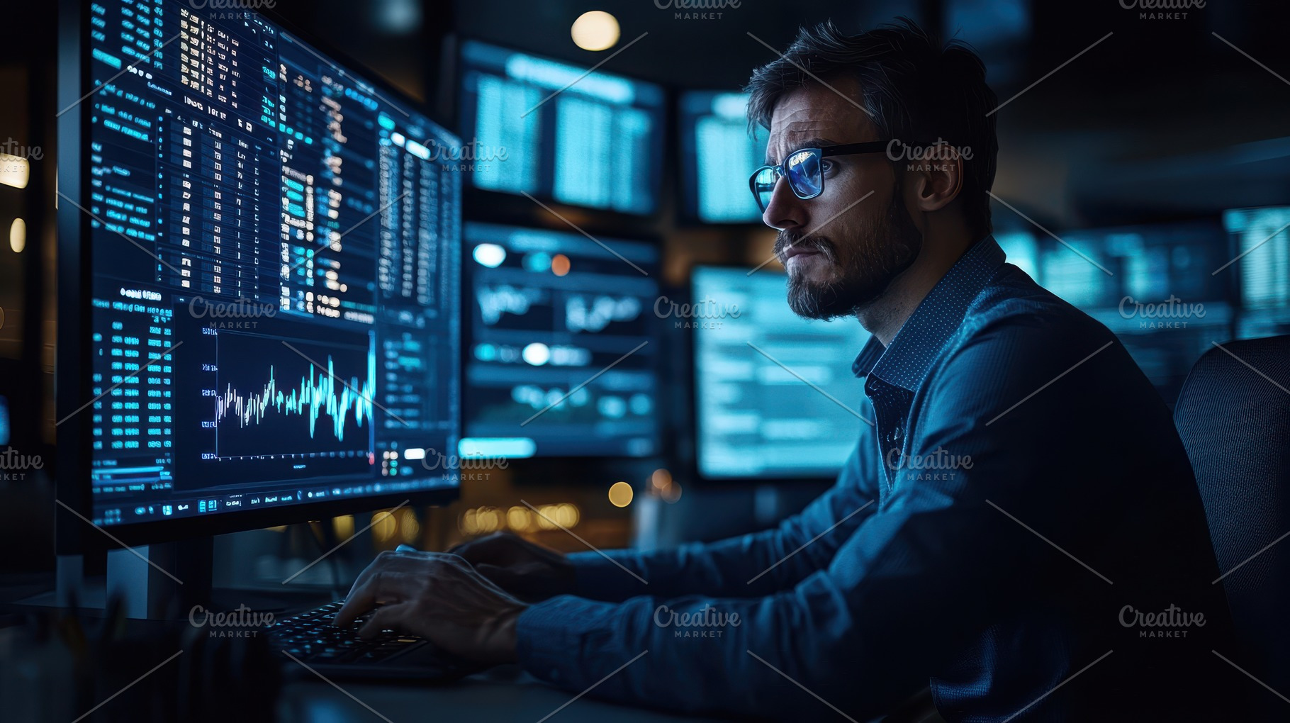 Man analyzing data on multiple compu, a Background Photo by Pixeness Studio