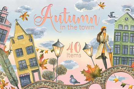 Houses in autumn watercolor clip art