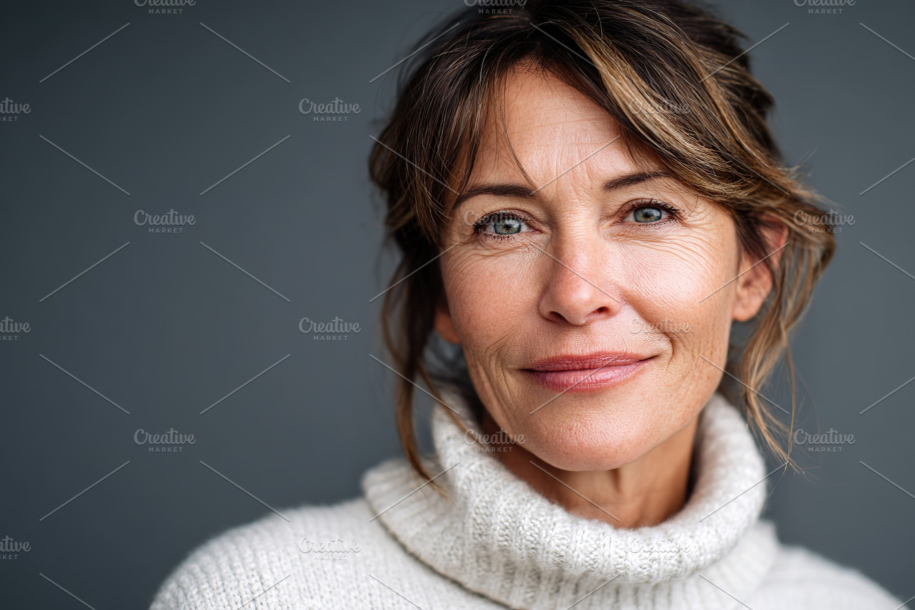 Woman with warm smile wearing a cozy sweater on a grey background indoors, a Person Photo by AlyaAnd