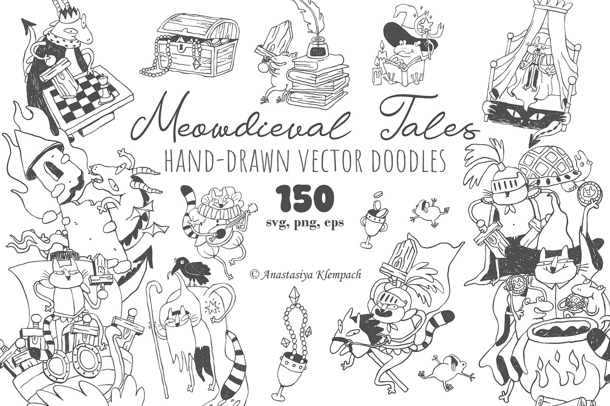 Hand-Drawn Medieval Doodle Cats, an Illustration by Anastasiya Klempach (Photo 1 of 6)