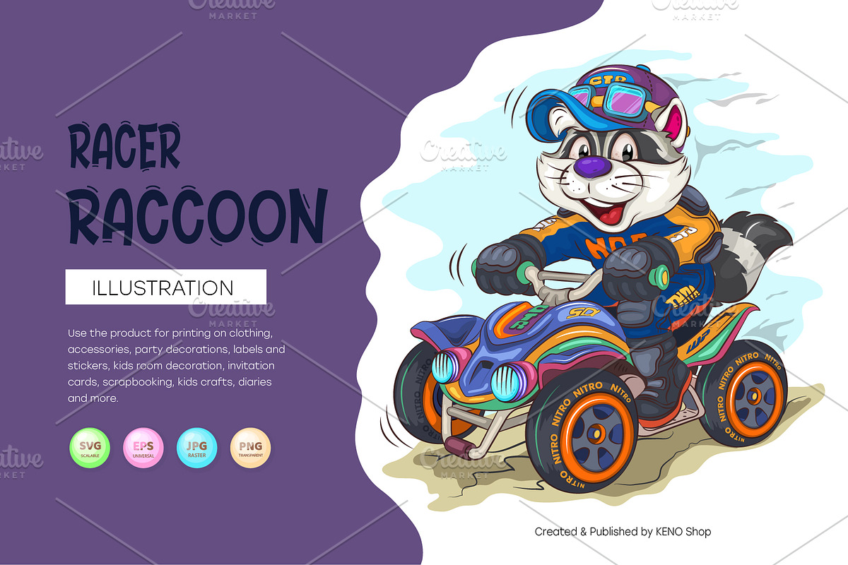 Cartoon Raccoon Racer. T-Shirt, SVG., an Animal Illustration by KENO Mascots (Photo 1 of 3)