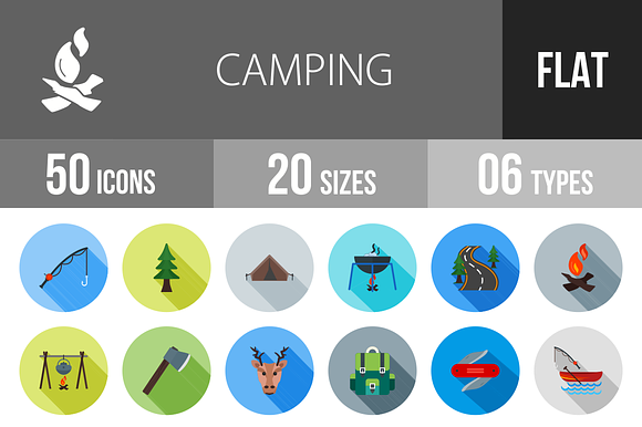 50 Camping Flat Shadowed Icons
