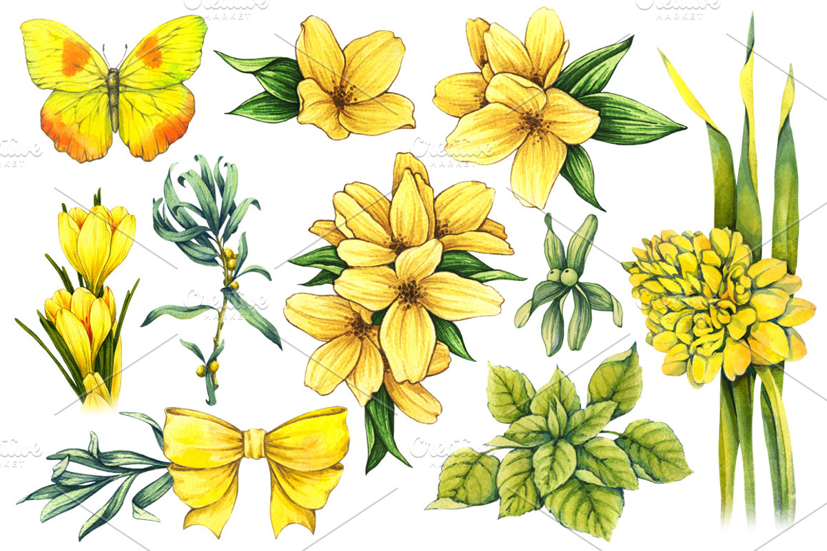 Floral and decor set (yellow color), a Decorative Illustration by Color and Decor (Photo 2 of 5)