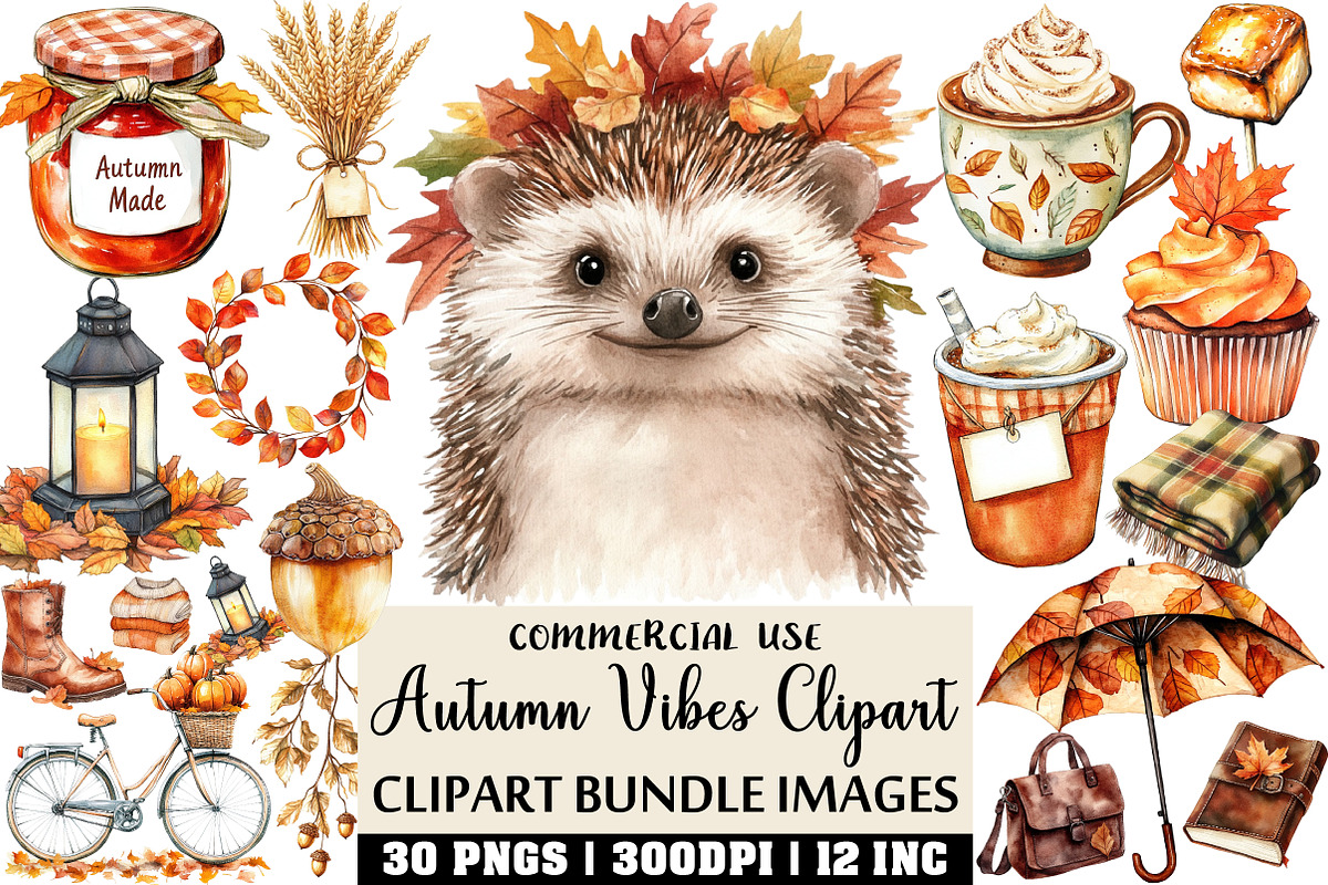Watercolor Autumn Vibes Clipart, an Illustration by Craft Nest (Photo 1 of 6)