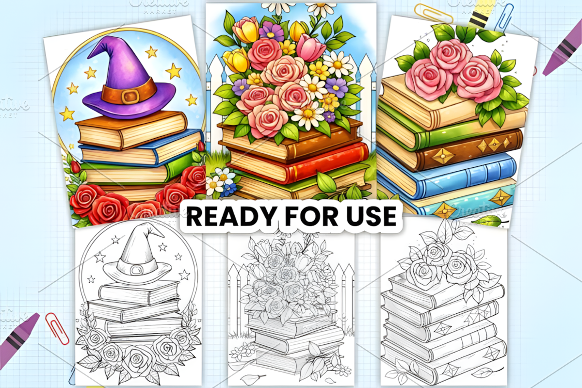 Books with Flowers Coloring Book, a Decorative Illustration by Design Station (Photo 2 of 3)