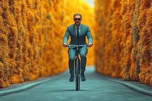 Businessman rides bicycle through vi, a Photo by Tanuart
