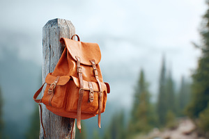 Bright hiking backpack in misty forest, a Sports & Recreation Photo by AlyaAnd