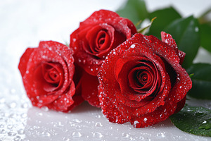 Three vibrant red roses adorned with water droplets, symbolizing love and beaut, a Background Photo by ImageMir