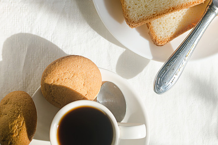 Breakfast with coffee, sweets and toast., a Food & Drink Photo by vimart