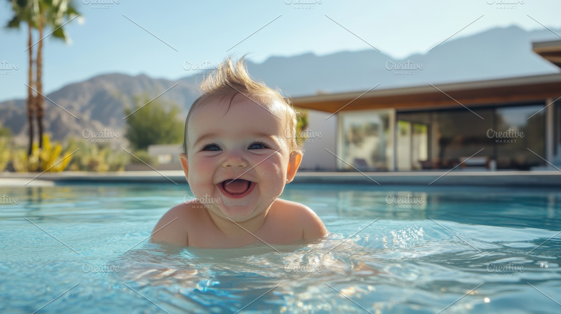 Happy baby enjoying pool time in sun, a Photo by Beautiful things
