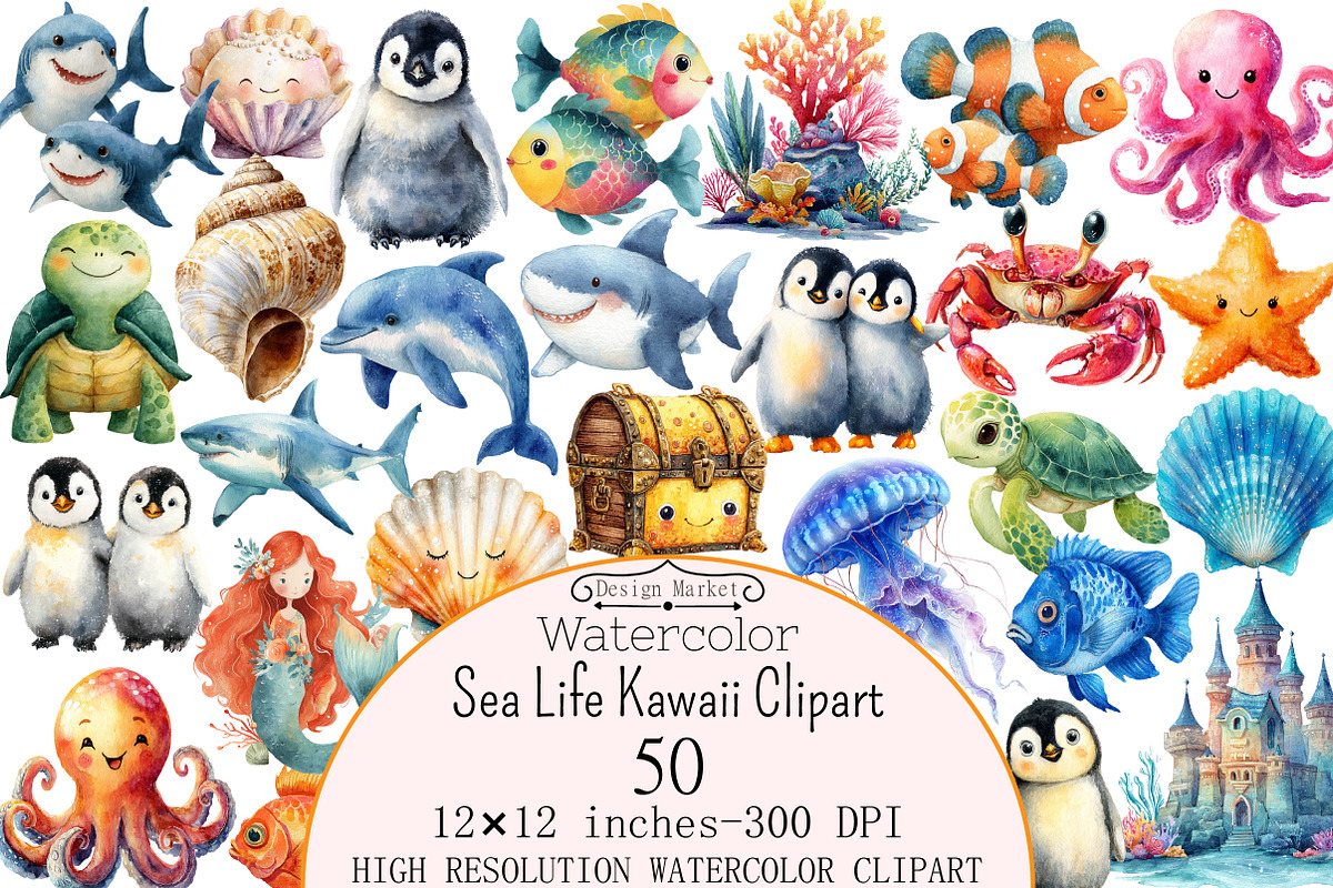 Watercolor Sea Life Kawaii Clipart, a Seasonal Illustration by Design Market (Photo 1 of 5)
