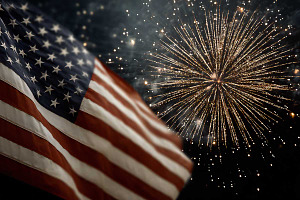 American flag and fireworks 4th July, a Graphic by VetalStock