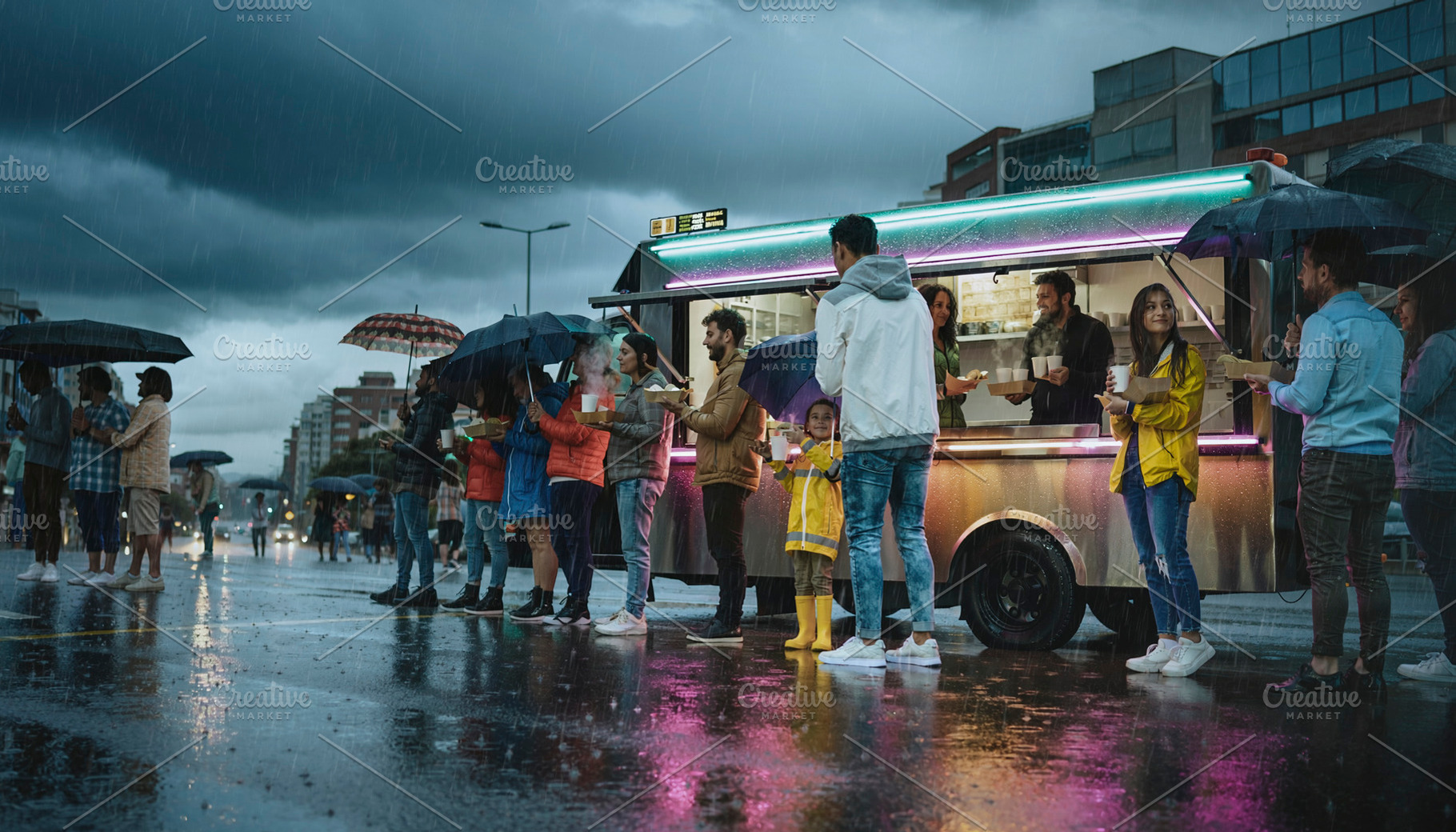 People queuing at food truck on rainy evening, a Person Photo by DanFLCreativo
