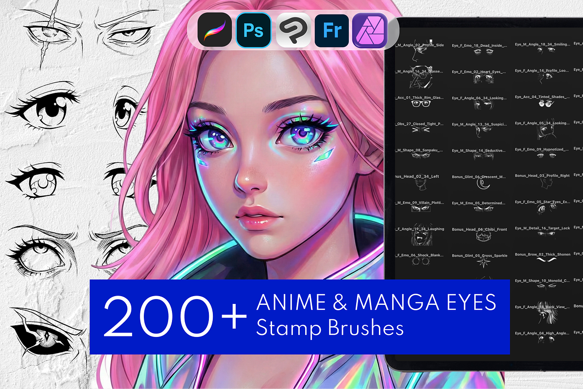 200+ Anime & Manga Eyes Procreate, a Brush Add-On by Selentaori Studio (Photo 1 of 11)
