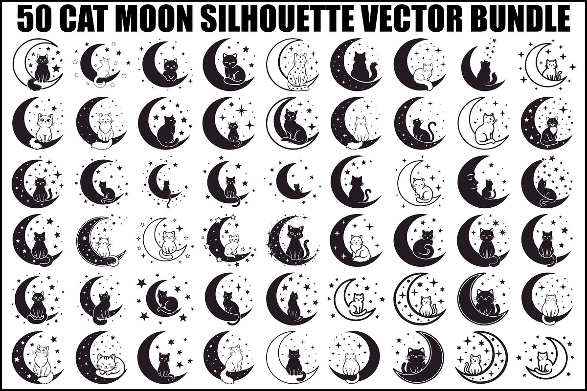 50 Cat Moon Silhouette Vector Bundle, an Illustration by jahid234 (Photo 1 of 51)