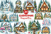 Watercolor Christmas Houses and Tree, an Illustration by CreationArt (Thumbnail 1 of 5)