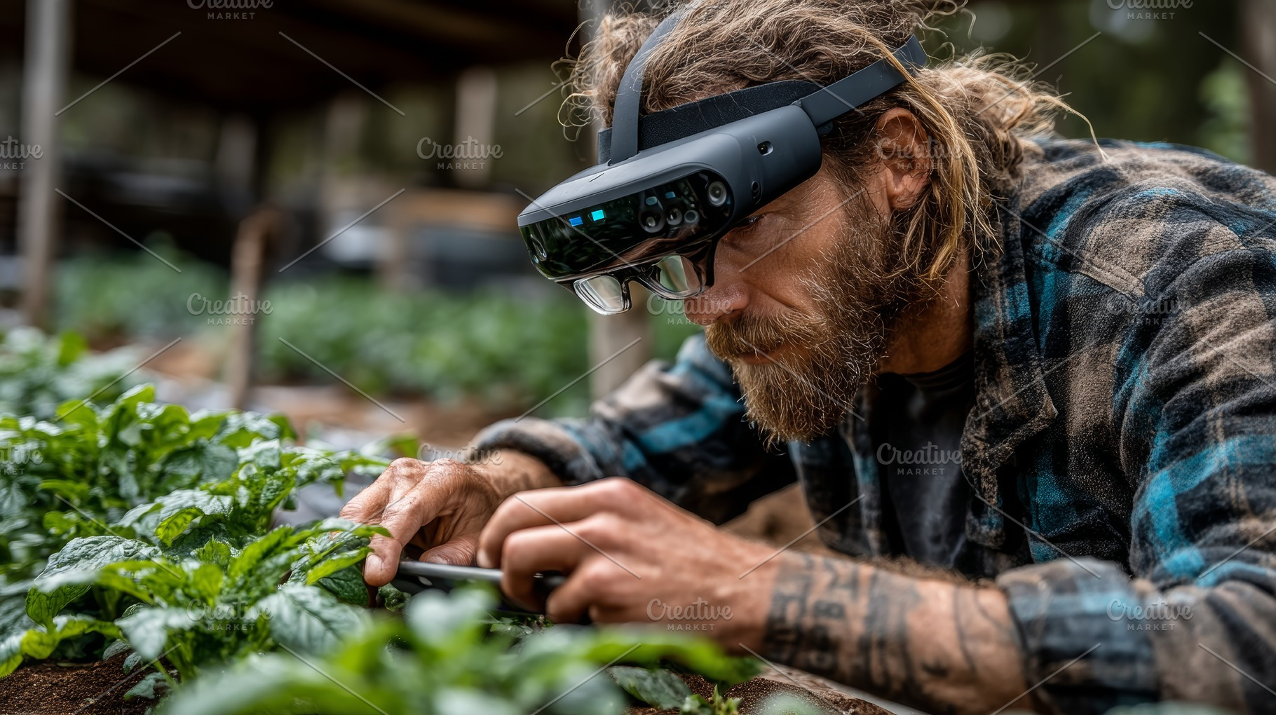 Man using augmented reality headset for agricultural monitoring in a greenhouse, a Photo by AS photostudio