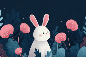 Cute bunny among flowers at night, a Photo by Beautiful things