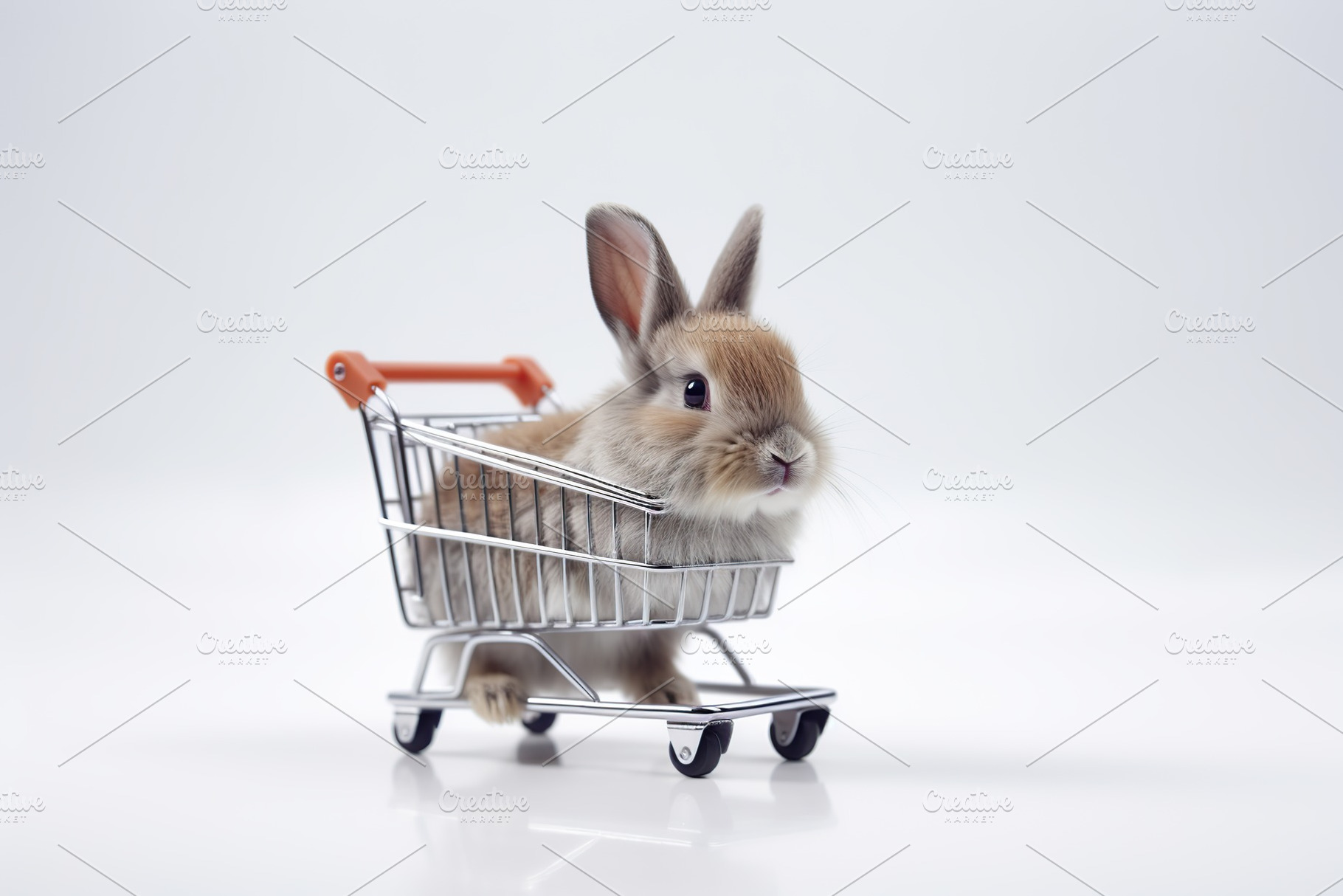 Beautiful bunny in small shopping cart isolated on white background, an Animal Photo by AlyaAnd