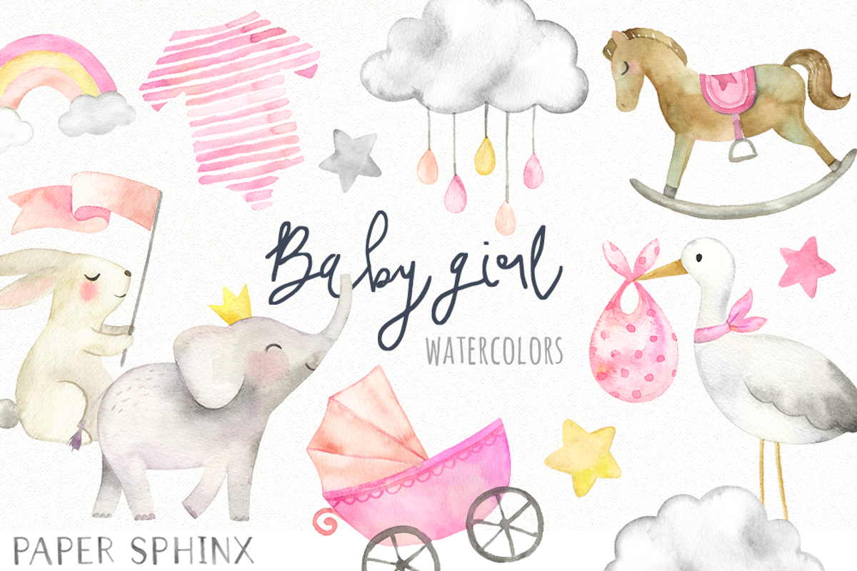 Watercolor Girl Baby Shower Pack, an Illustration by PaperSphinx (Photo 1 of 2)