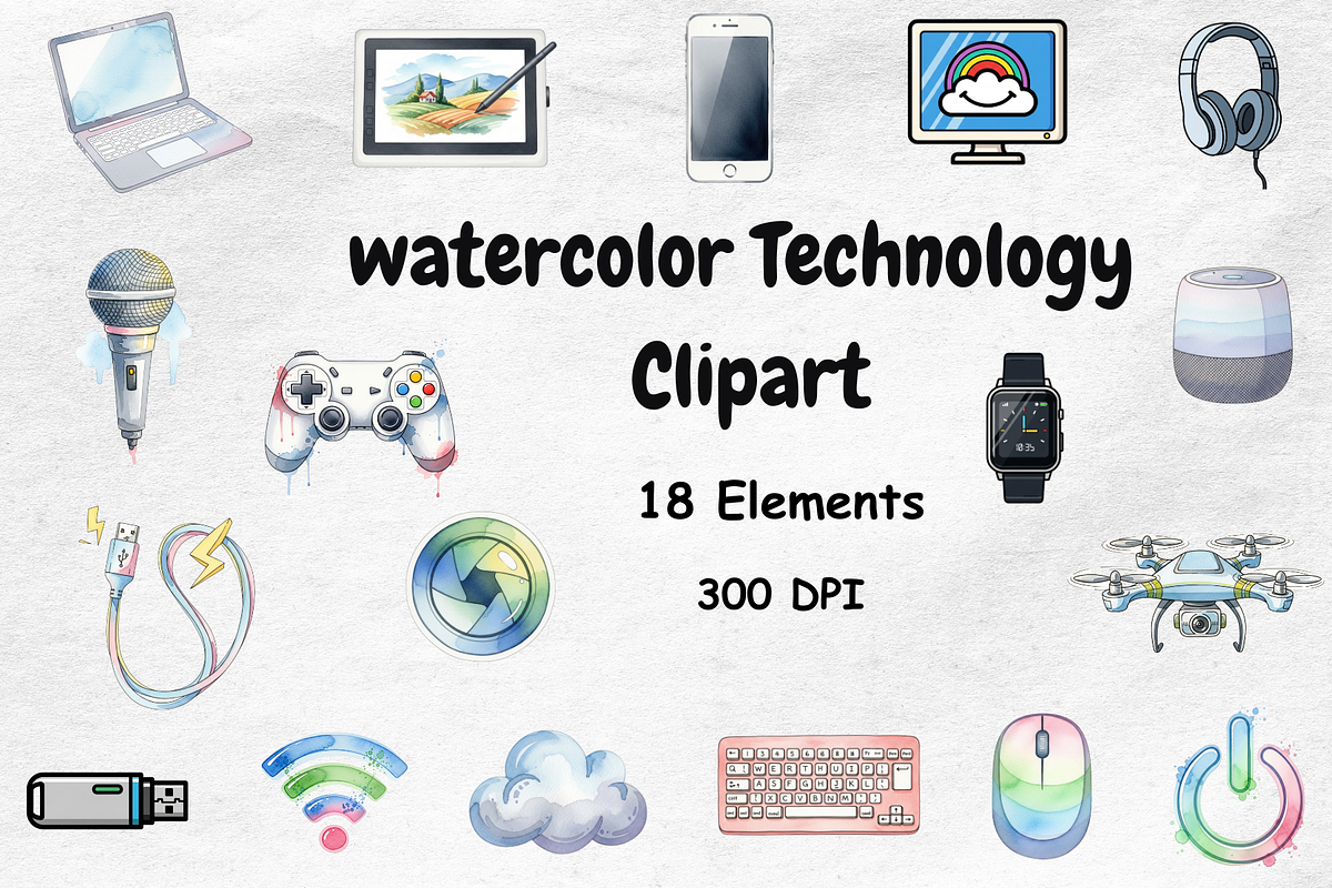 Watercolor Technology Clipart, a Technology Illustration by BerryPieArt (Photo 1 of 4)
