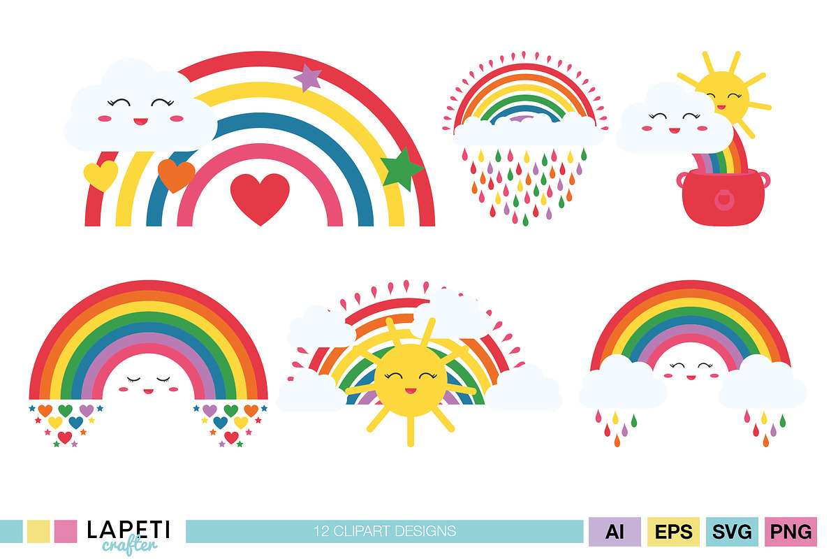 Kawaii Rainbow Clipart PNG SVG Vector