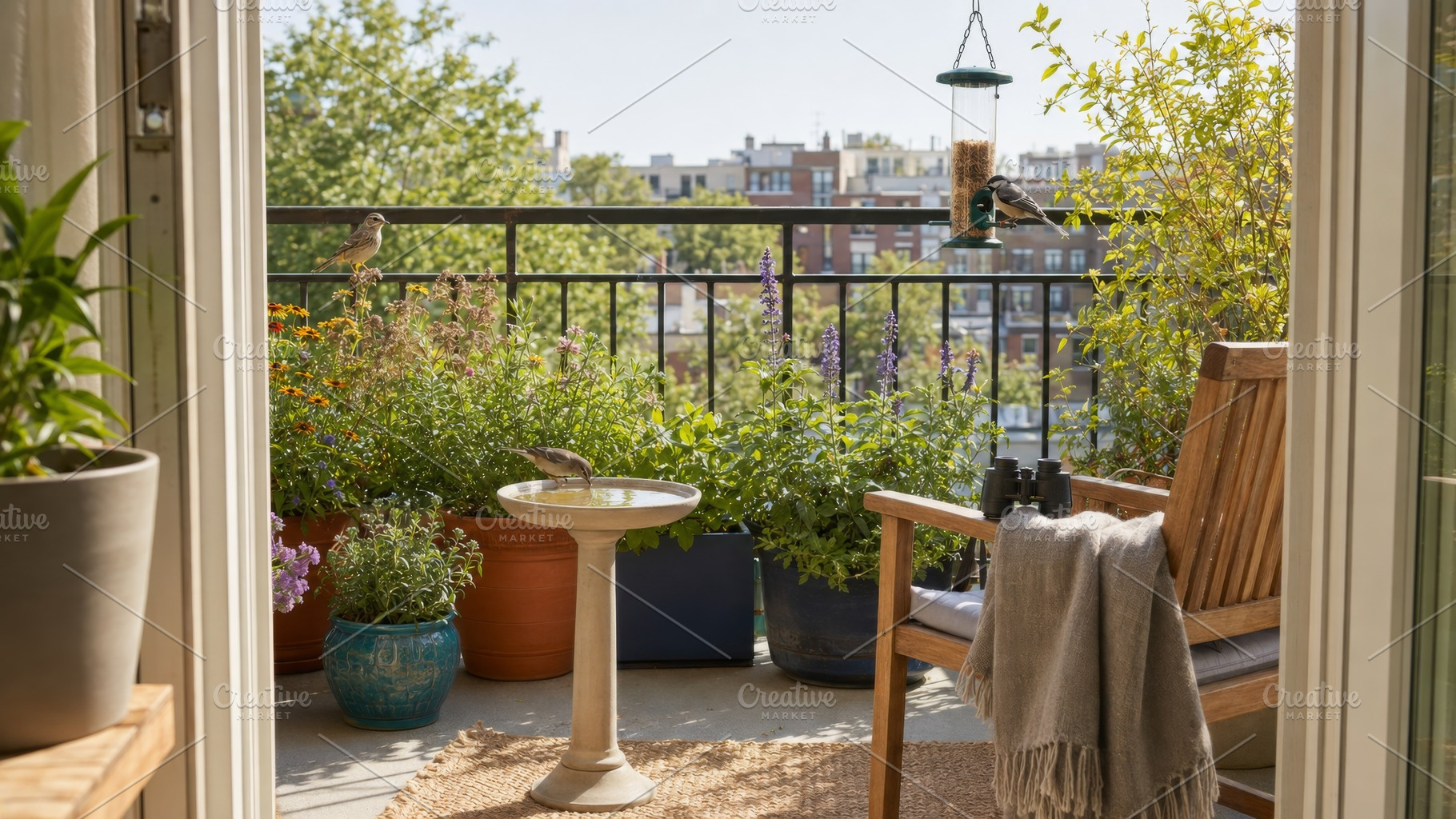 Birdwatching on an urban balcony wit, a Photo by Dvoevnore photos