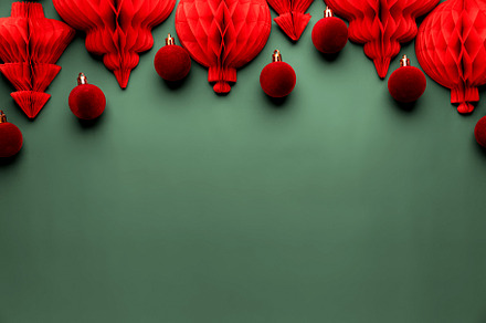 Christmas or New Year background. Green color flat lay with red decorations, a Holiday Photo by Lenor4ik
