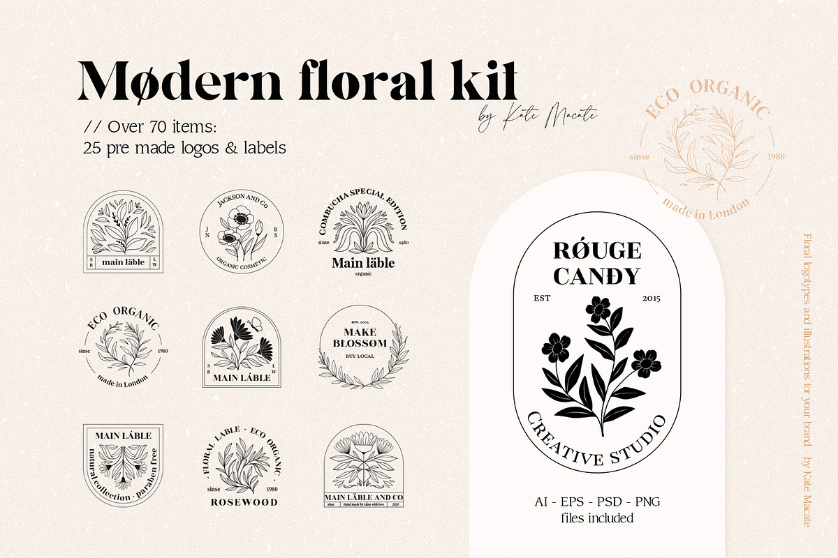 Line floral logo kit. Organic labels, a Branding & Logo Template by Kate Macate (Photo 1 of 13)