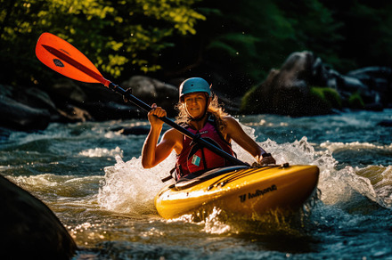 An exhilarating moment of a kayaker navigating through fast - mo, a Sports & Recreation Photo by designvectx