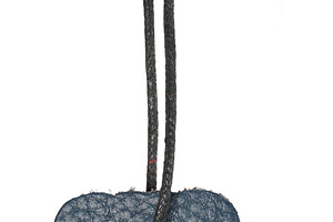 Blue suede tag or label on a black cord, isolated background., a Photo by ndanko
