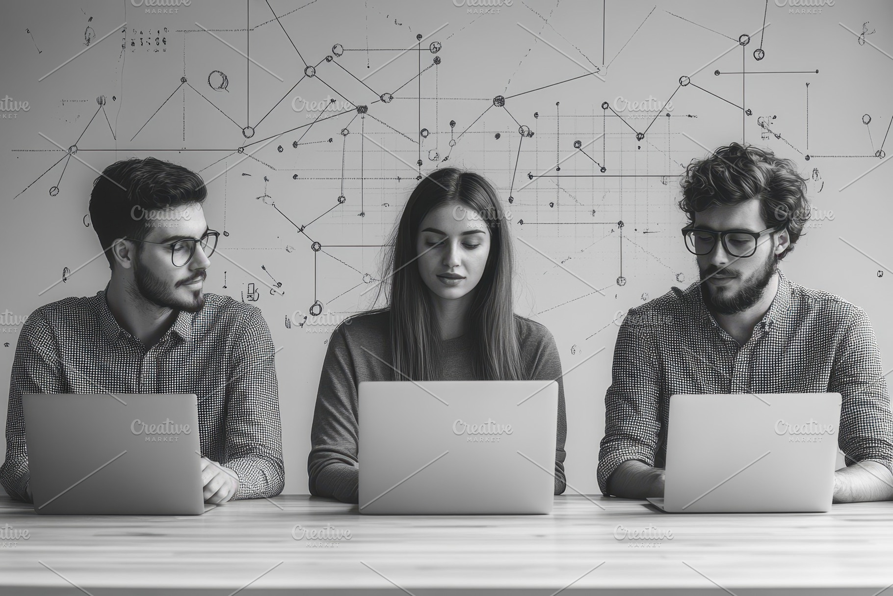 Three people engaged in a focused wo, a Photo by Tanuart