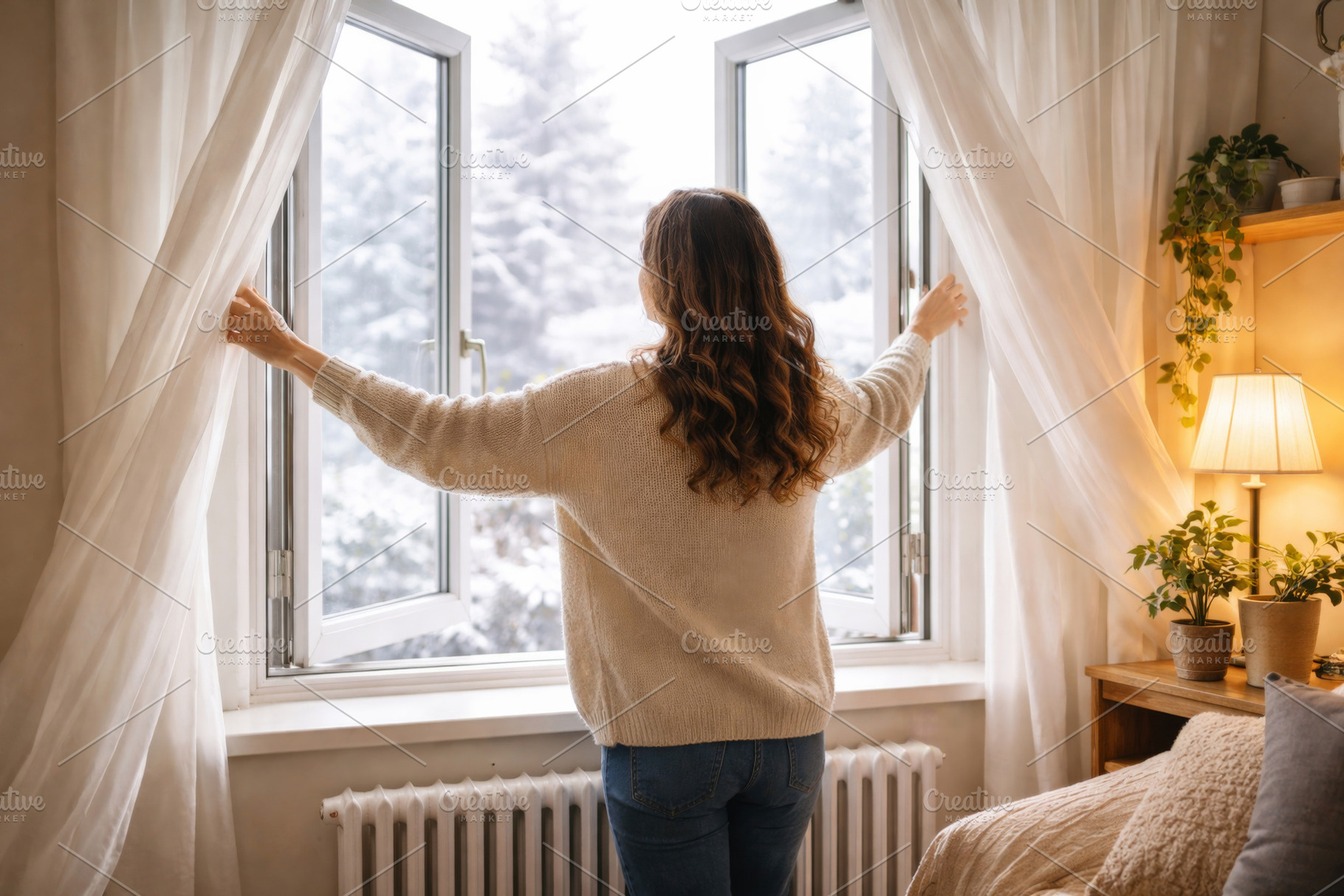 Woman opening window for air ventilation, home comfort in winter, a Photo by Dvoevnore photos