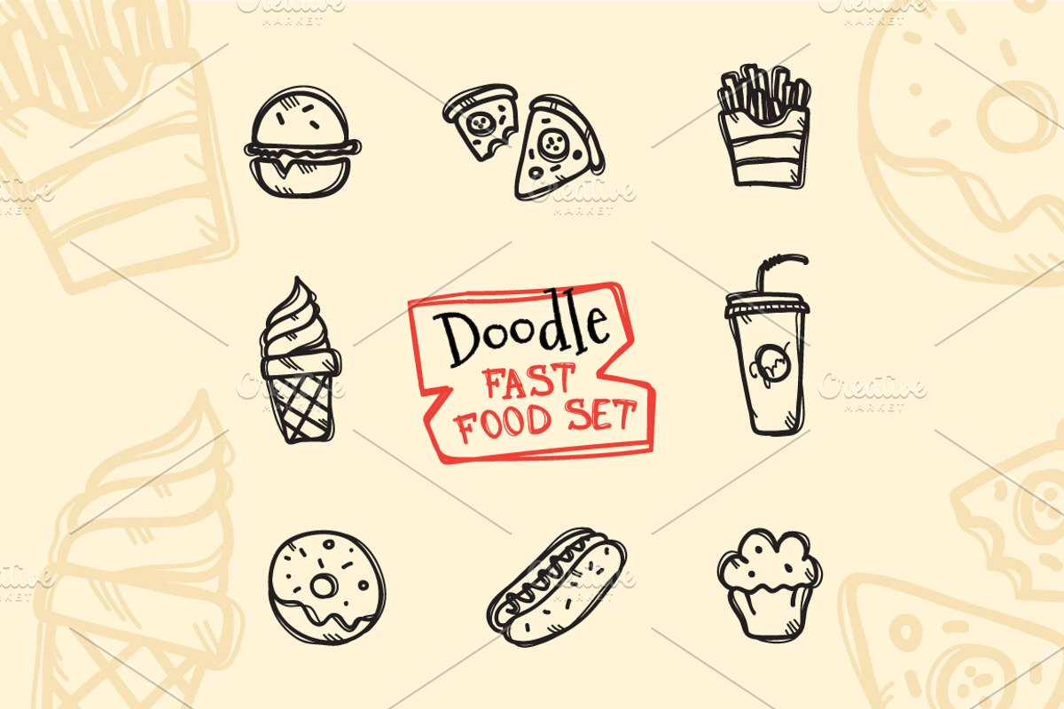 8 Doodle Icons. Fast Food, an Outline Icon by Trapezoid (Photo 1 of 2)