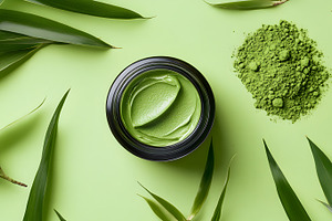 Green face mask cream with powder and leaves, a Beauty & Fashion Photo by Photostock