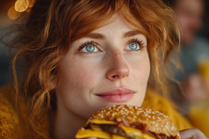 Young woman enjoying a delicious burger while reflecting at a cozy cafe, a Photo by AS photostudio
