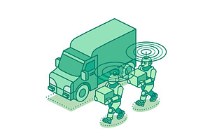 Isometric robots carrying boxes near, an Illustration by Booblgum