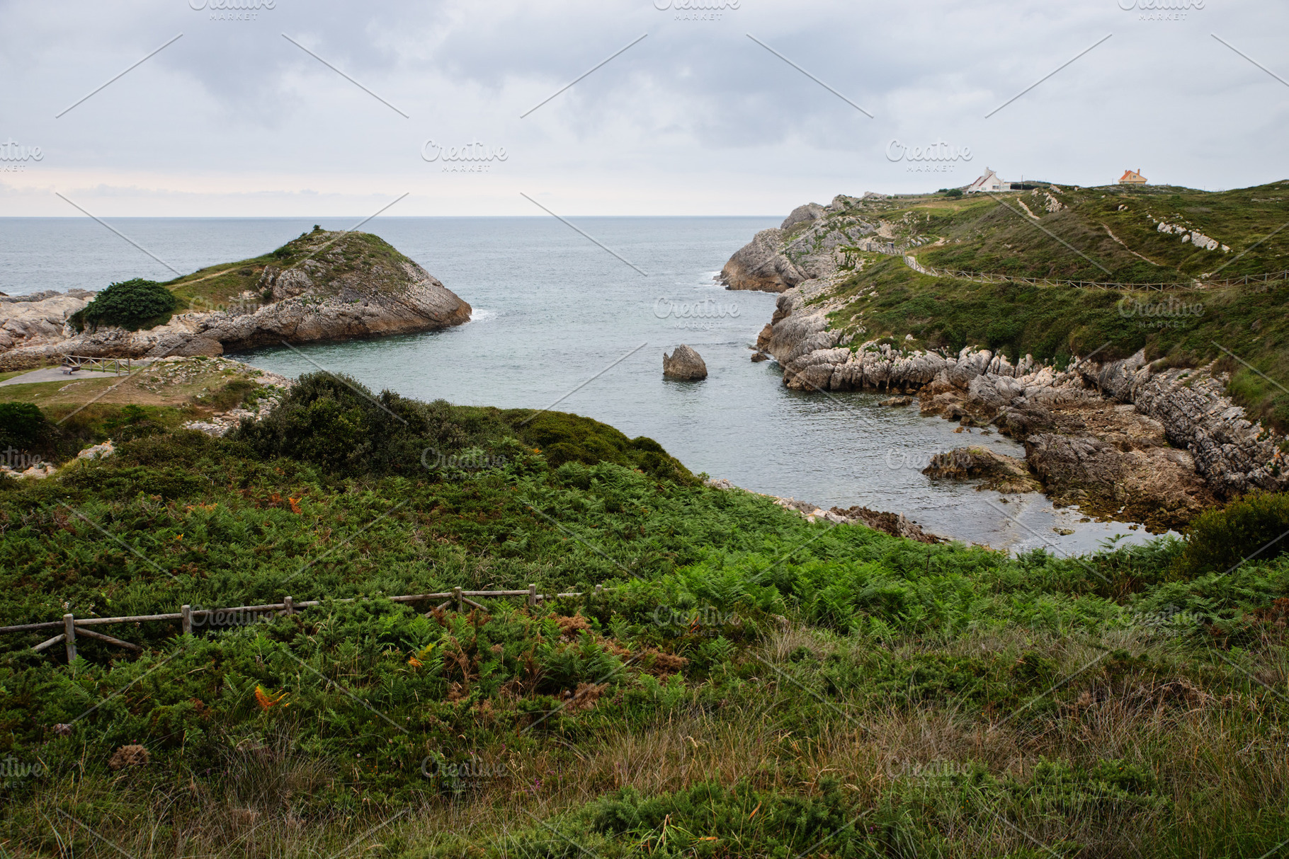 Rocky coast with green cliffs and a, a Nature Photo by Perpis