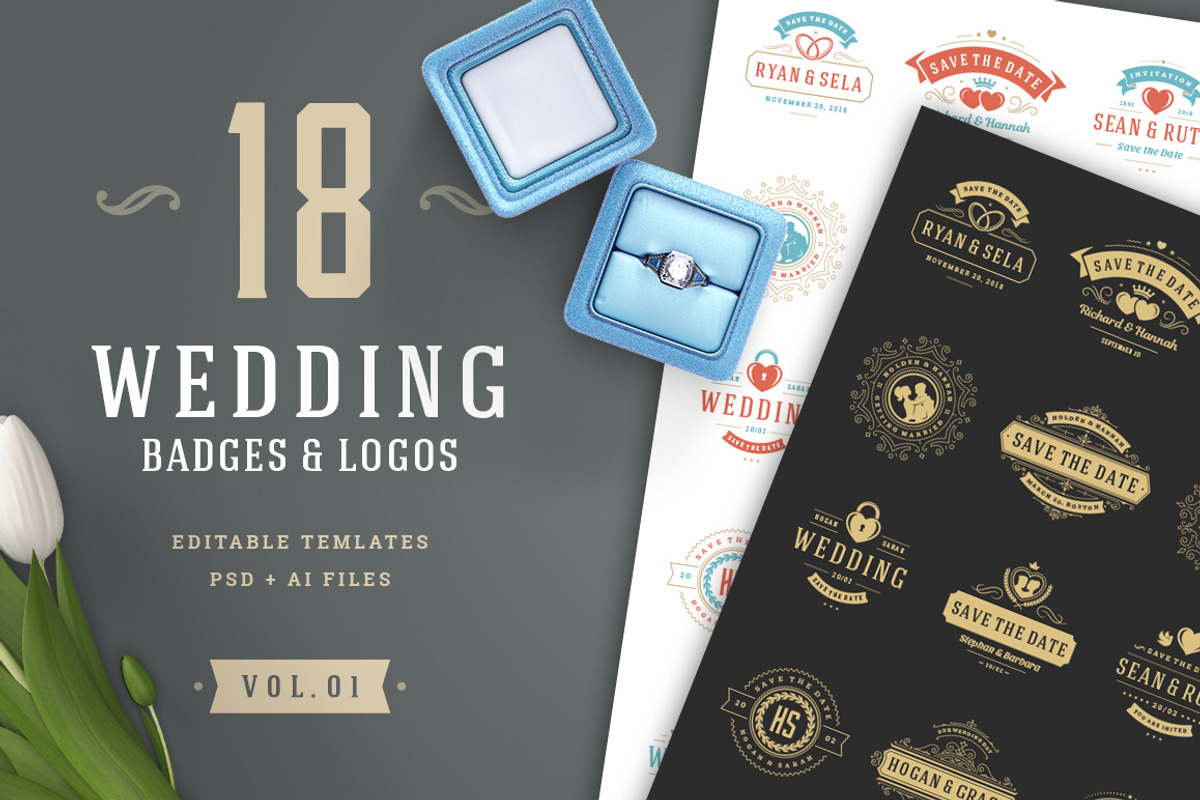 18 Wedding Logos and Badges, a Branding & Logo Template by Vasya Kobelev (Photo 1 of 12)